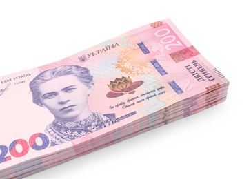 200 Ukrainian Hryvnia banknotes on white background