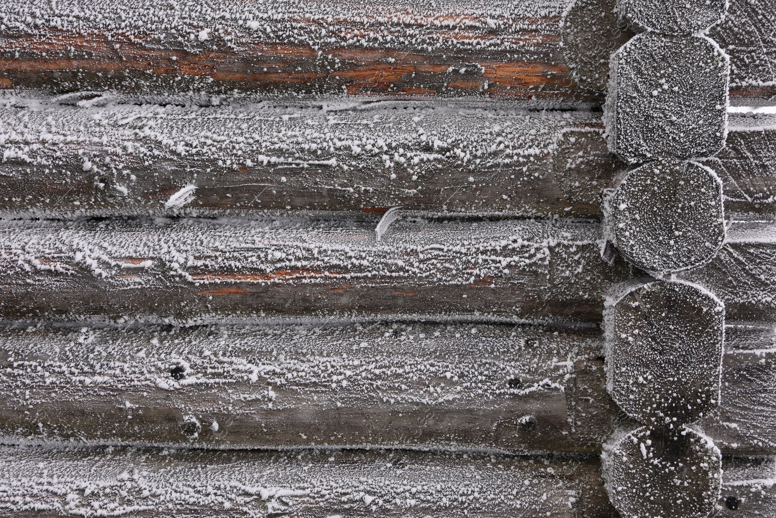 Photo of Wooden wall covered with hoarfrost on snowy day, closeup