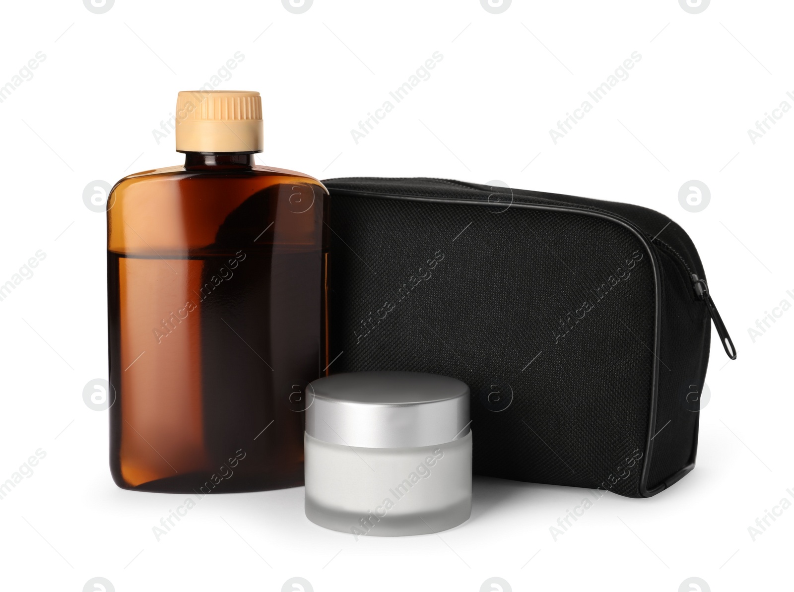 Photo of Preparation for spa. Compact toiletry bag and different cosmetic products isolated on white