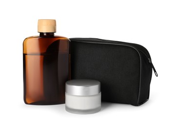 Preparation for spa. Compact toiletry bag and different cosmetic products isolated on white