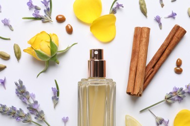 Composition with bottle of perfume and flowers on white background, top view