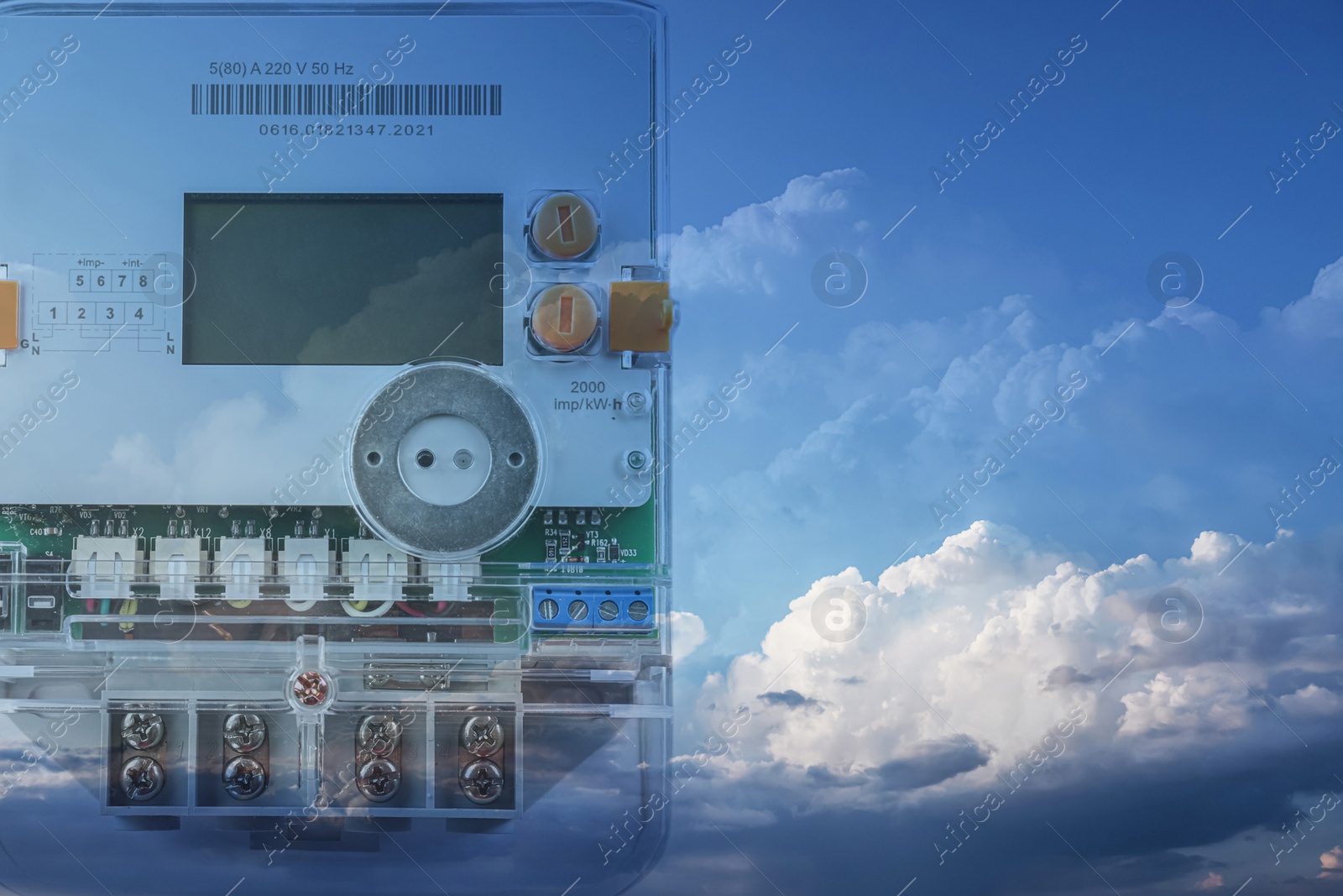 Image of Double exposure of electricity meter and blue sky with clouds