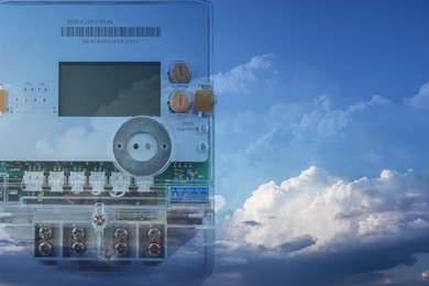 Double exposure of electricity meter and blue sky with clouds
