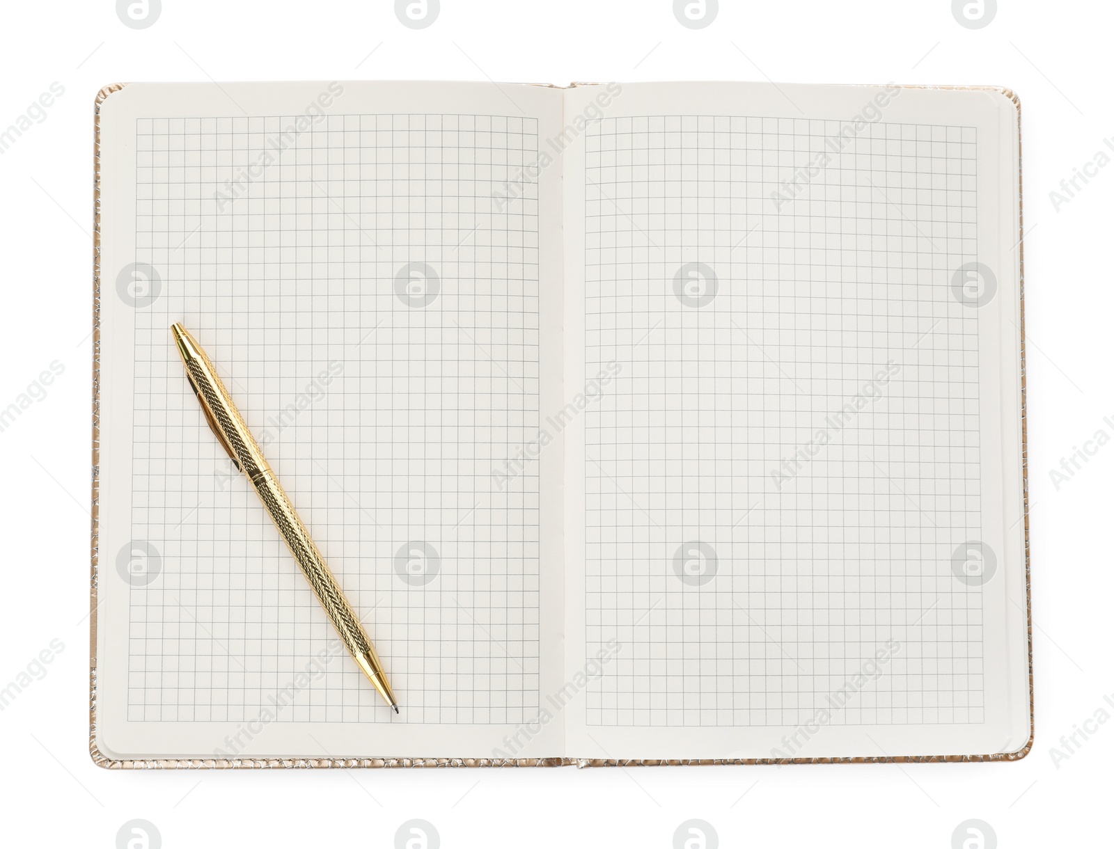 Photo of Stylish open notebook with blank sheets and pen isolated on white, top view