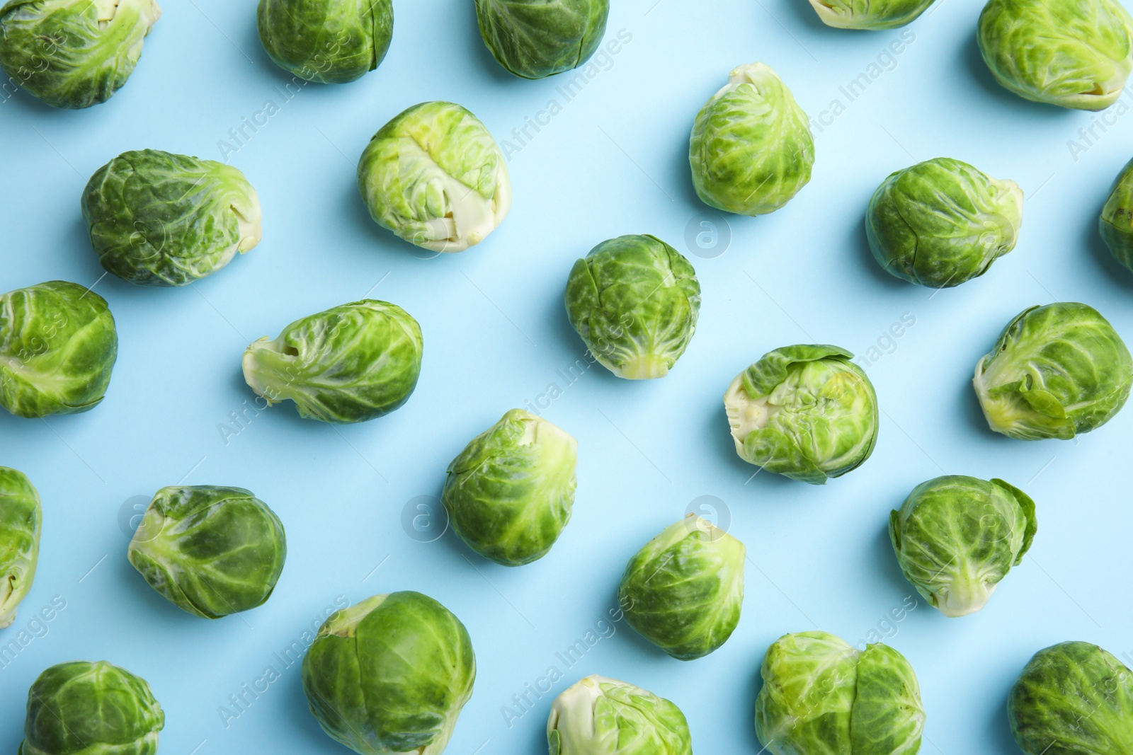 Photo of Fresh Brussels sprouts on light blue background, flat lay