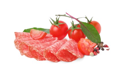 Photo of Slices of delicious salami, tomatoes, pepper and spinach isolated on white