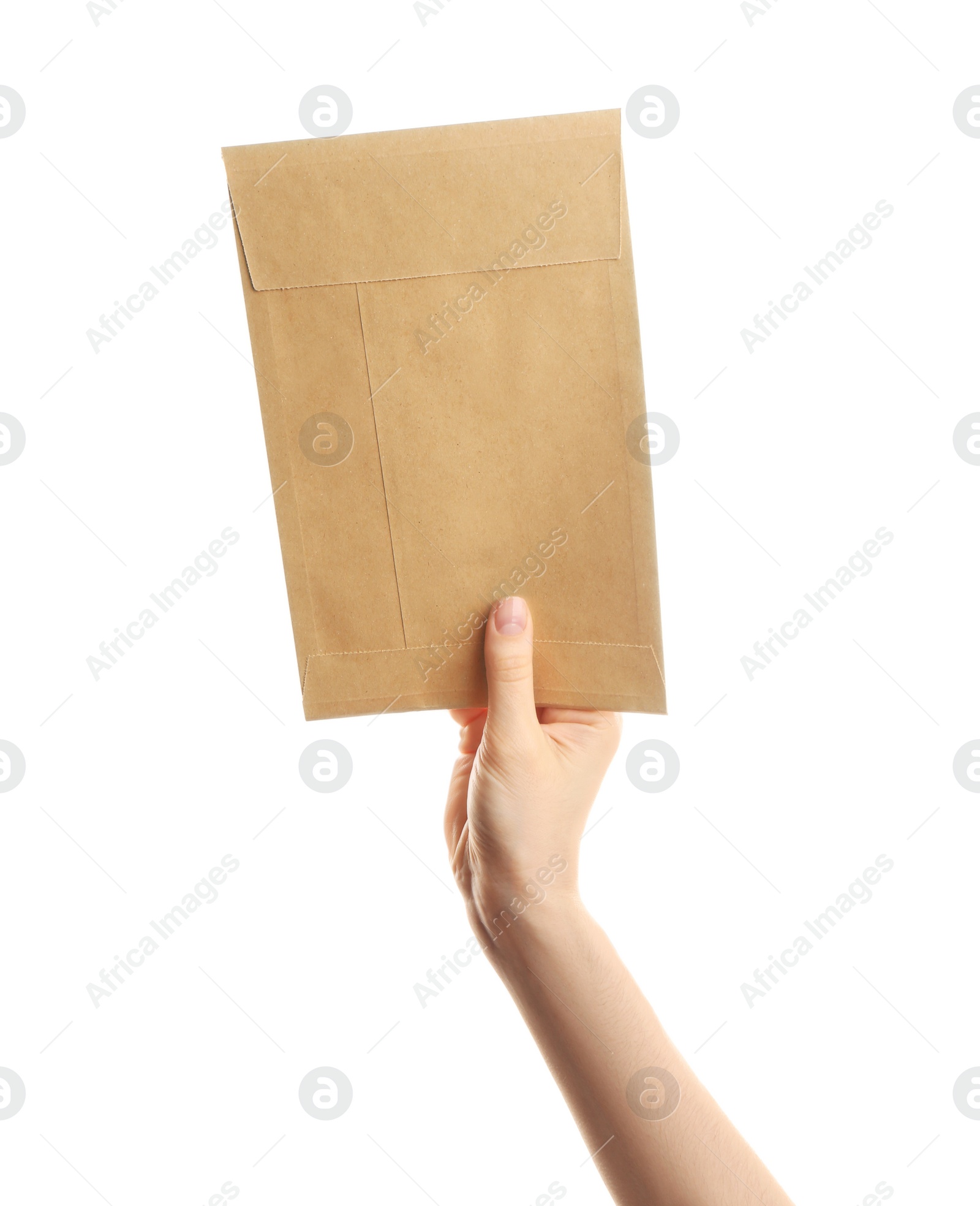 Photo of Woman holding kraft paper envelope on white background, closeup