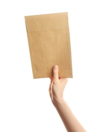 Photo of Woman holding kraft paper envelope on white background, closeup