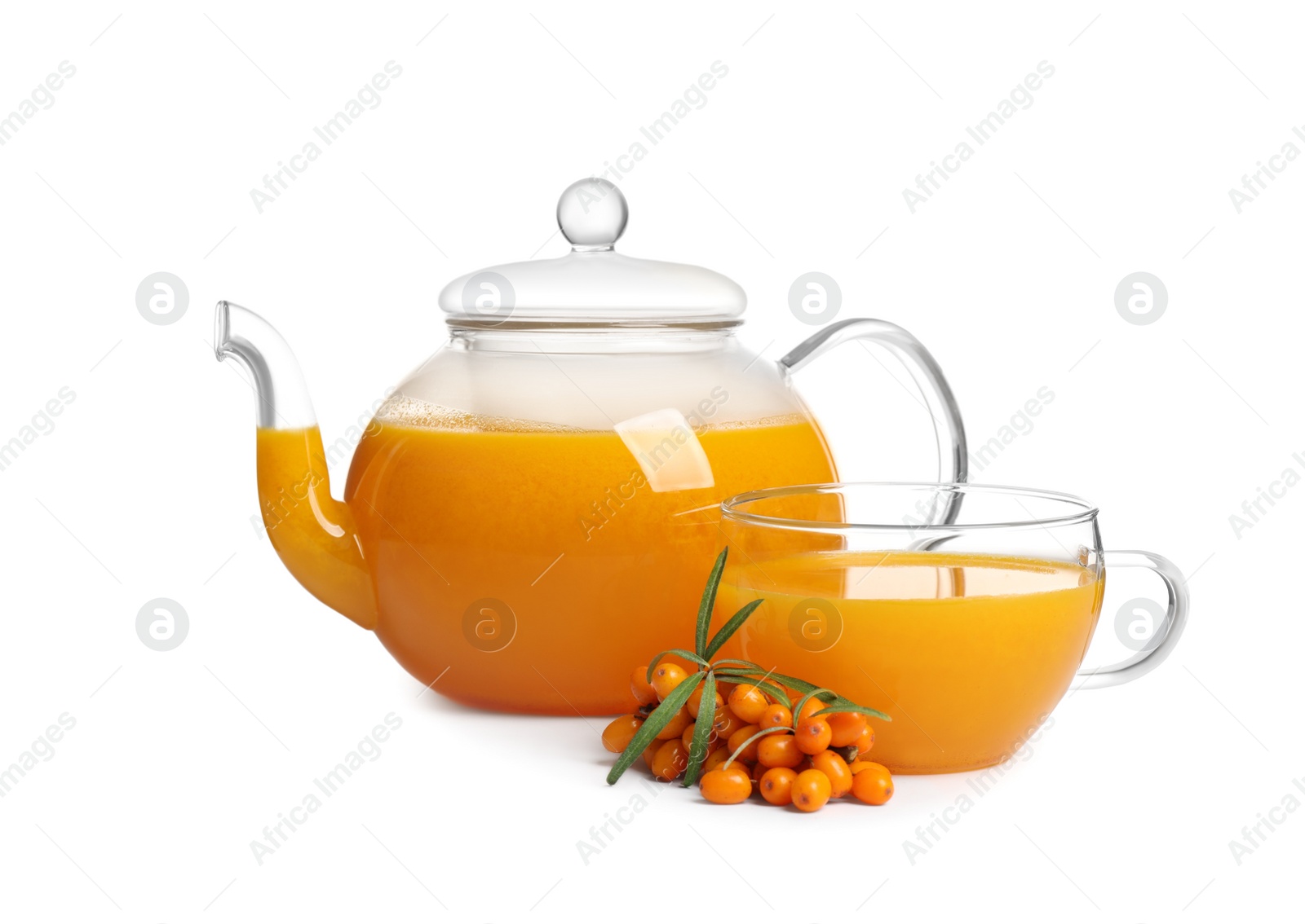 Photo of Sea buckthorn tea and fresh berries isolated on white