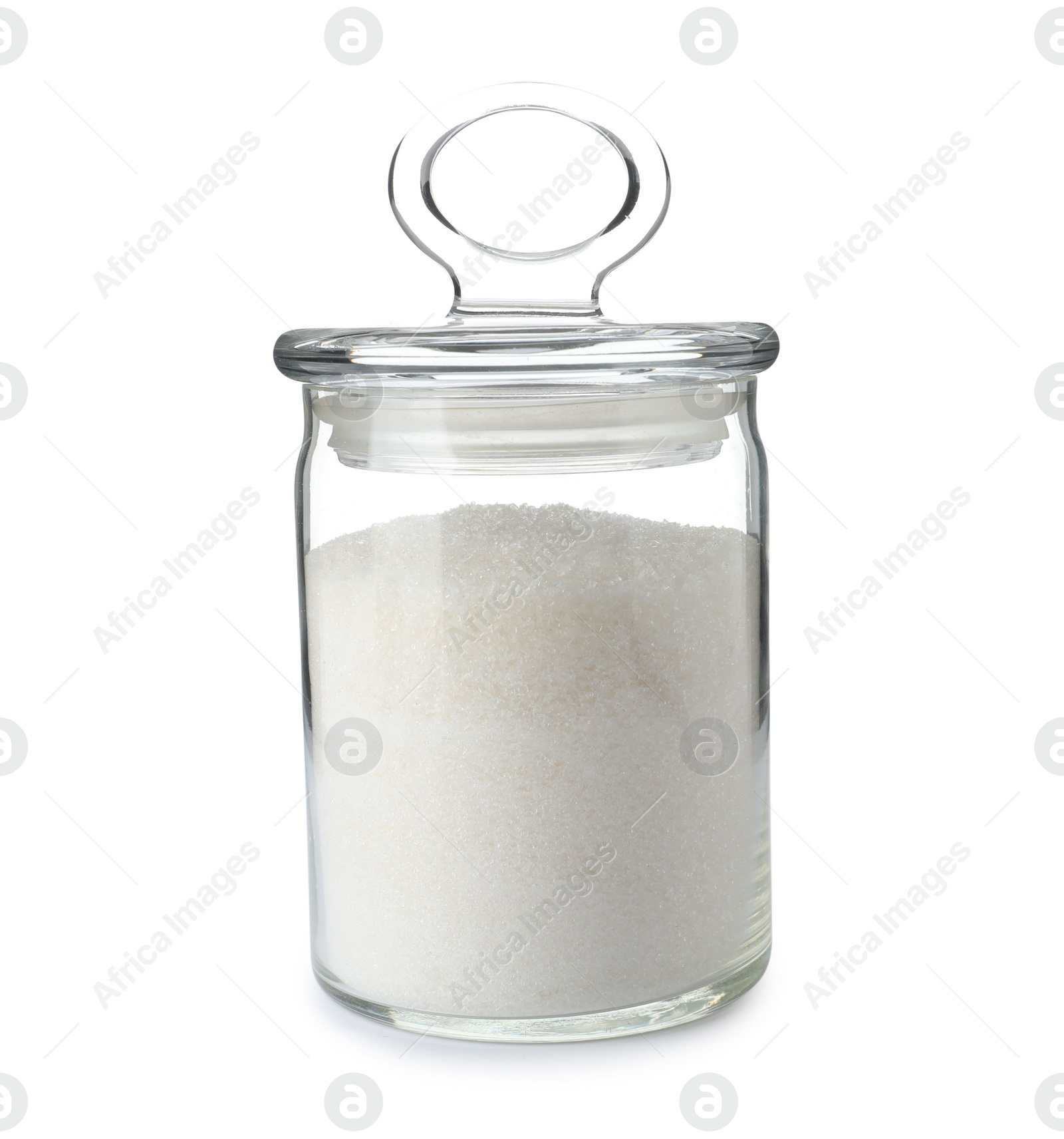 Photo of Glass jar with sugar isolated on white