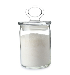 Photo of Glass jar with sugar isolated on white