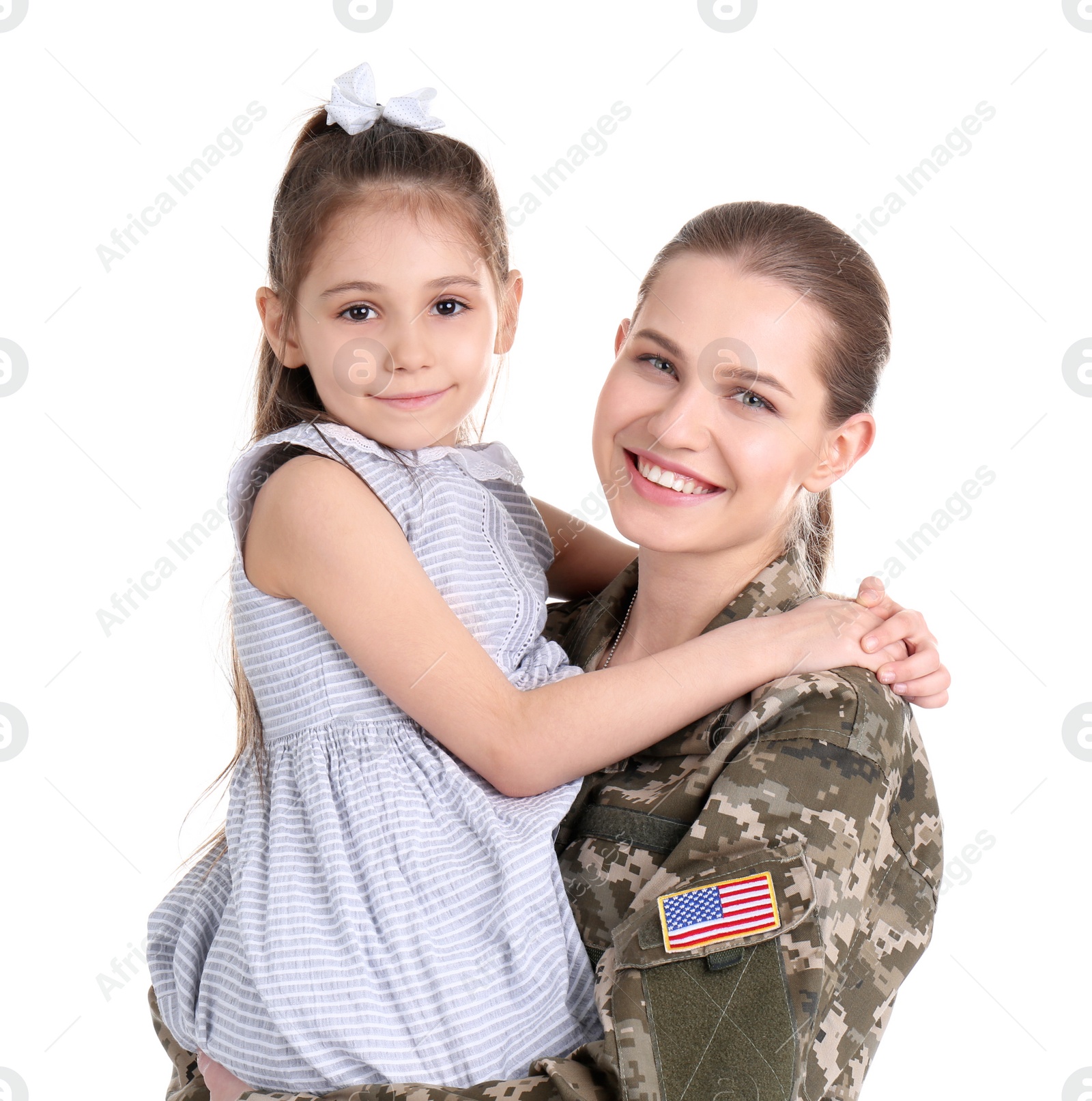 Photo of Female soldier with her daughter on white background. Military service