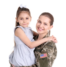 Female soldier with her daughter on white background. Military service