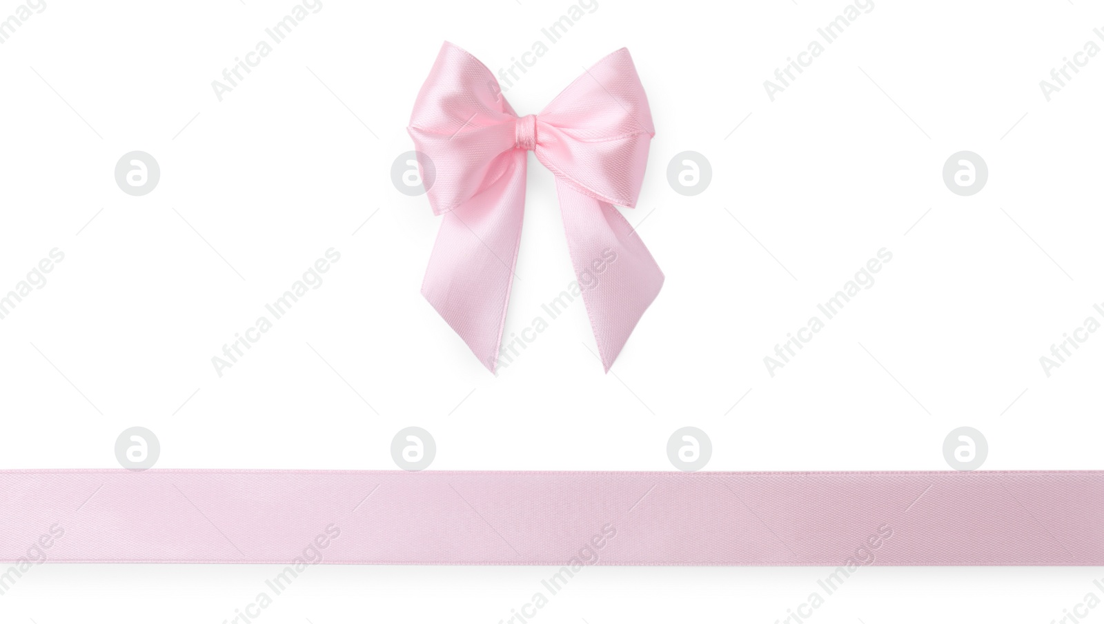 Photo of Pink satin ribbon with bow isolated on white, top view