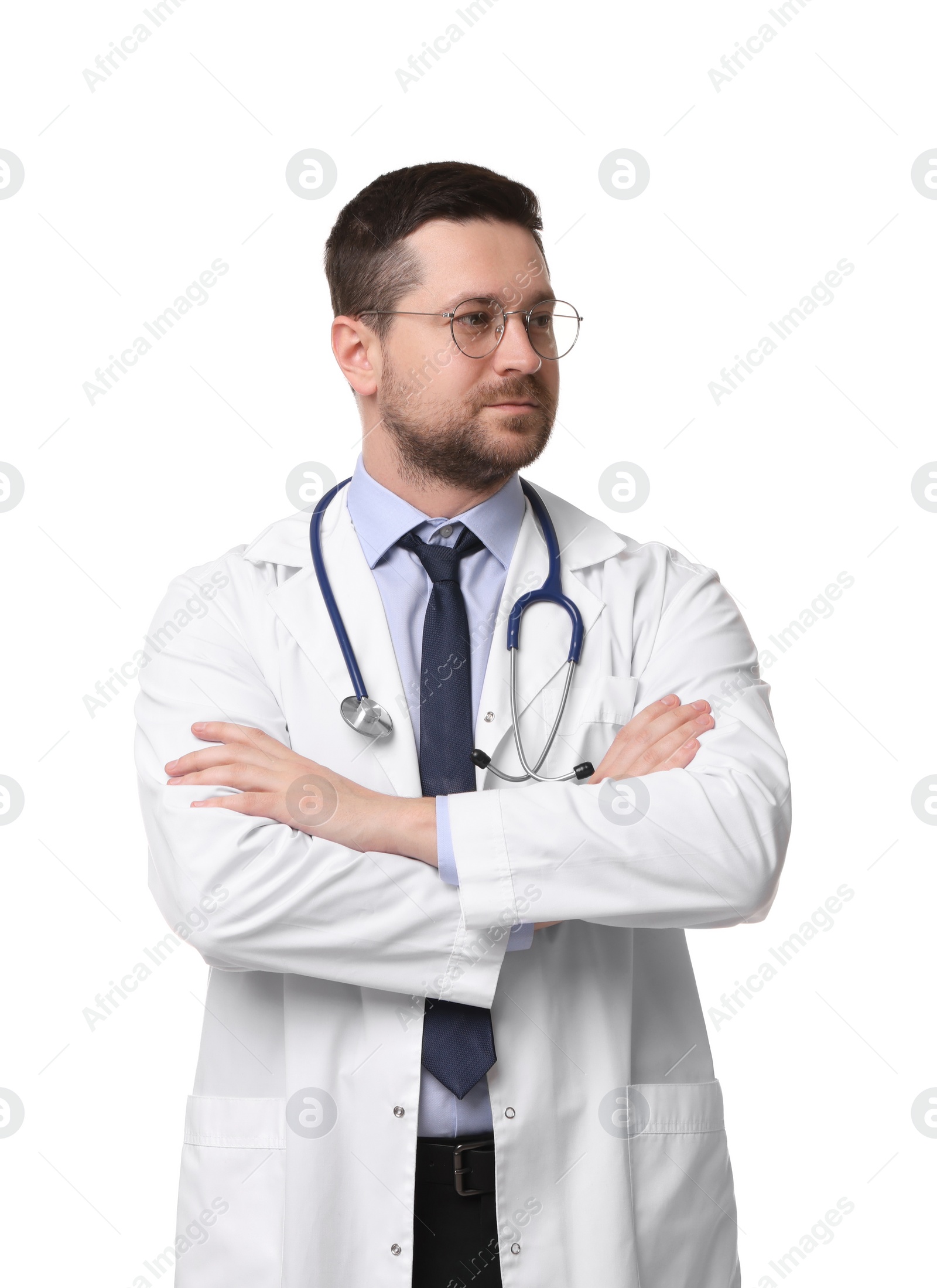 Photo of Portrait of doctor with crossed arms isolated on white
