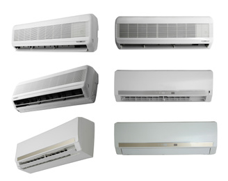 Image of Set with different modern air conditioners on white background 