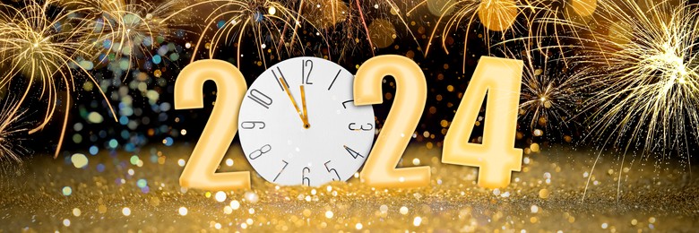 Image of Counting last moments to New Year. Greeting card with numbers 2024 with clock instead of zero on festive background, banner design