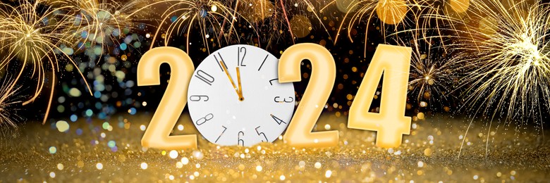 Counting last moments to New Year. Greeting card with numbers 2024 with clock instead of zero on festive background, banner design