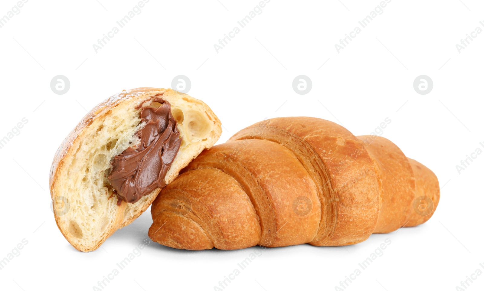 Photo of Tasty croissants with chocolate on white background