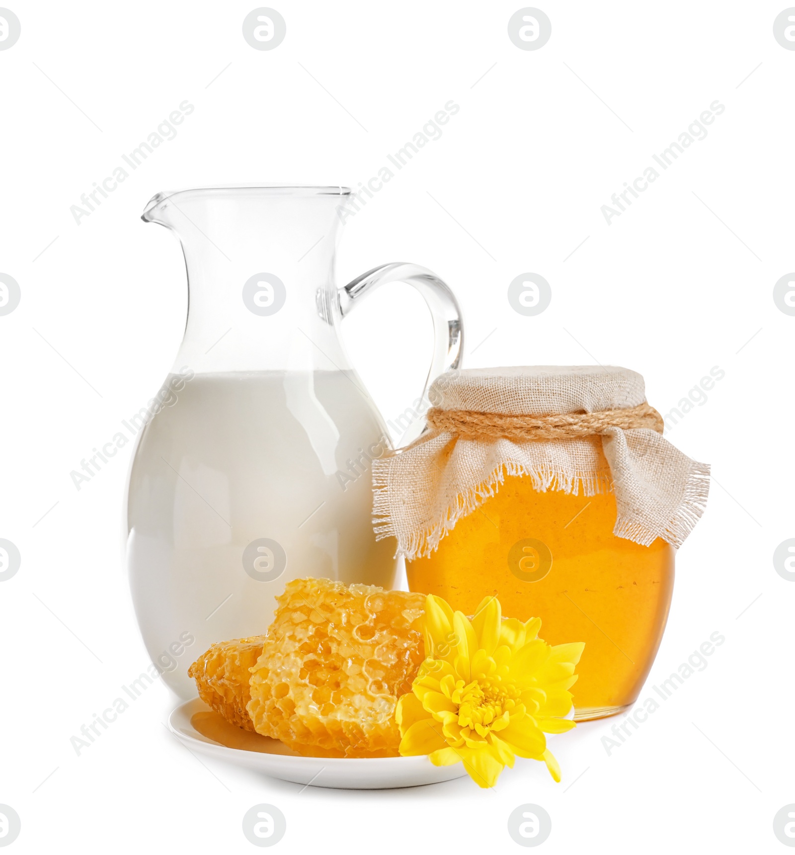 Photo of Beautiful composition with milk and honey on white background