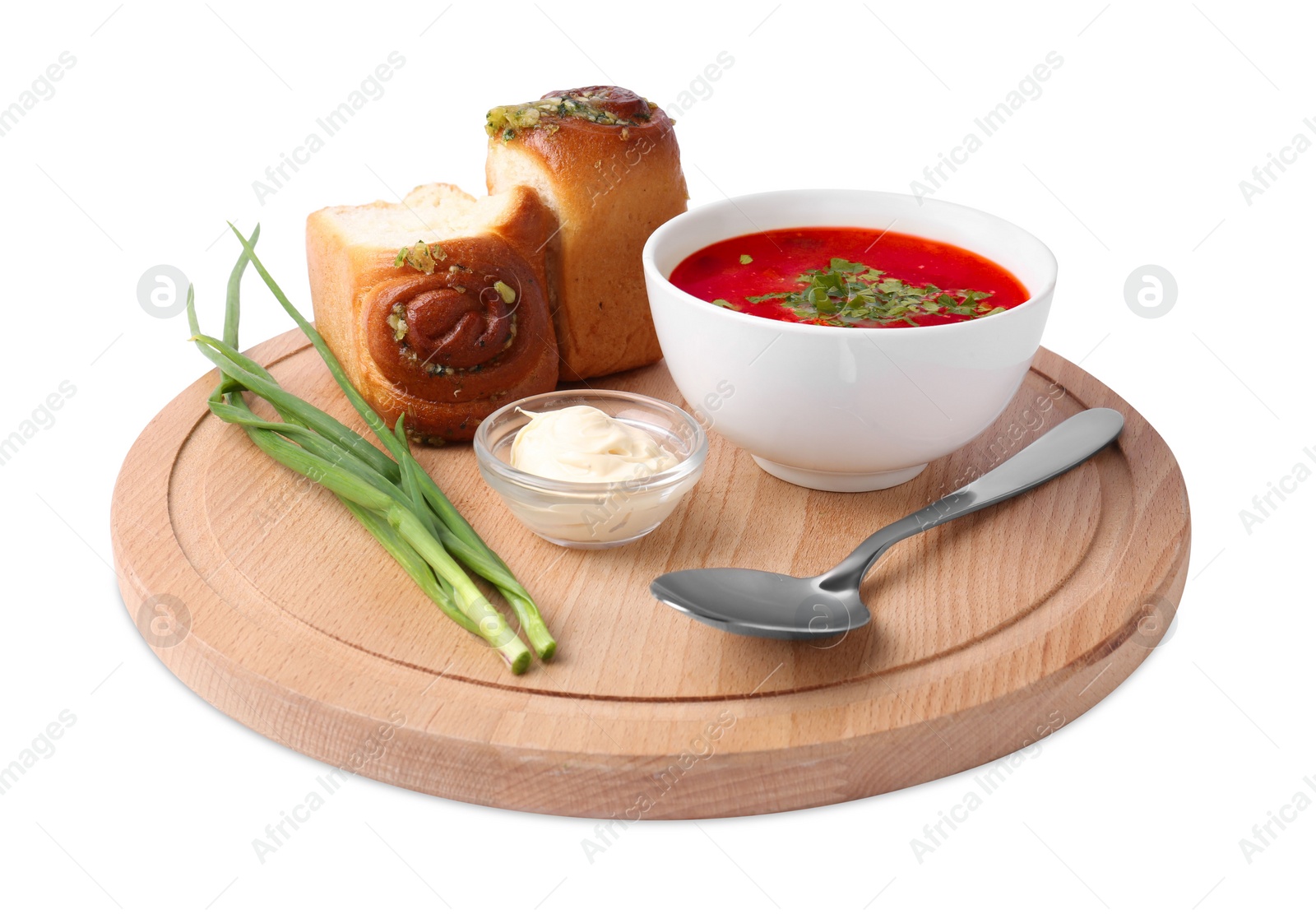 Photo of Delicious borsch served with pampushky isolated on white. Traditional Ukrainian cuisine