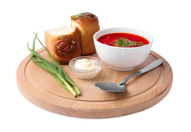 Photo of Delicious borsch served with pampushky isolated on white. Traditional Ukrainian cuisine