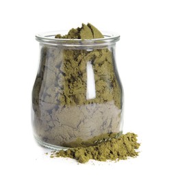 Photo of Jar with hemp protein powder on white background