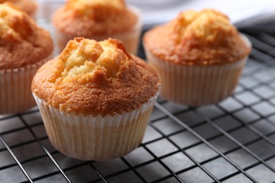 Photo of Delicious sweet muffins on grey table, closeup. Space for text