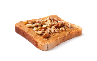 Photo of Delicious toast with peanut butter and crushed nuts isolated on white