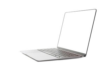 Photo of Laptop with blank screen isolated on white. Mockup for design