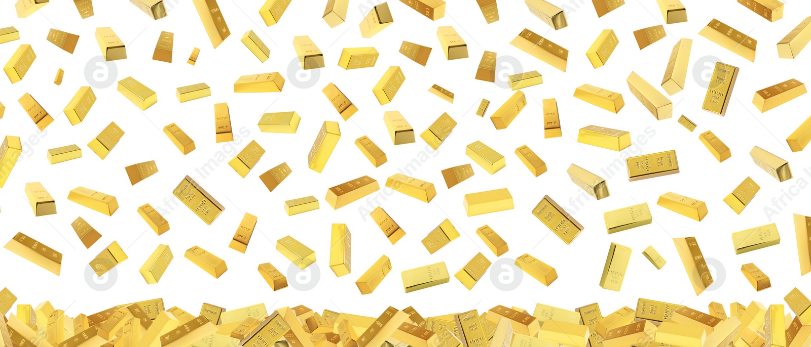 Image of Collage with many falling gold bars on white background