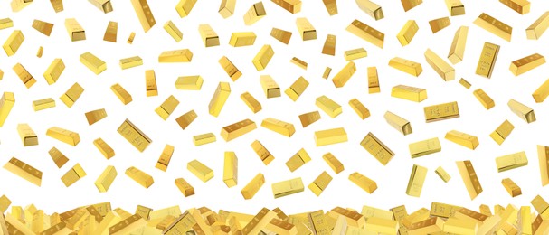 Collage with many falling gold bars on white background