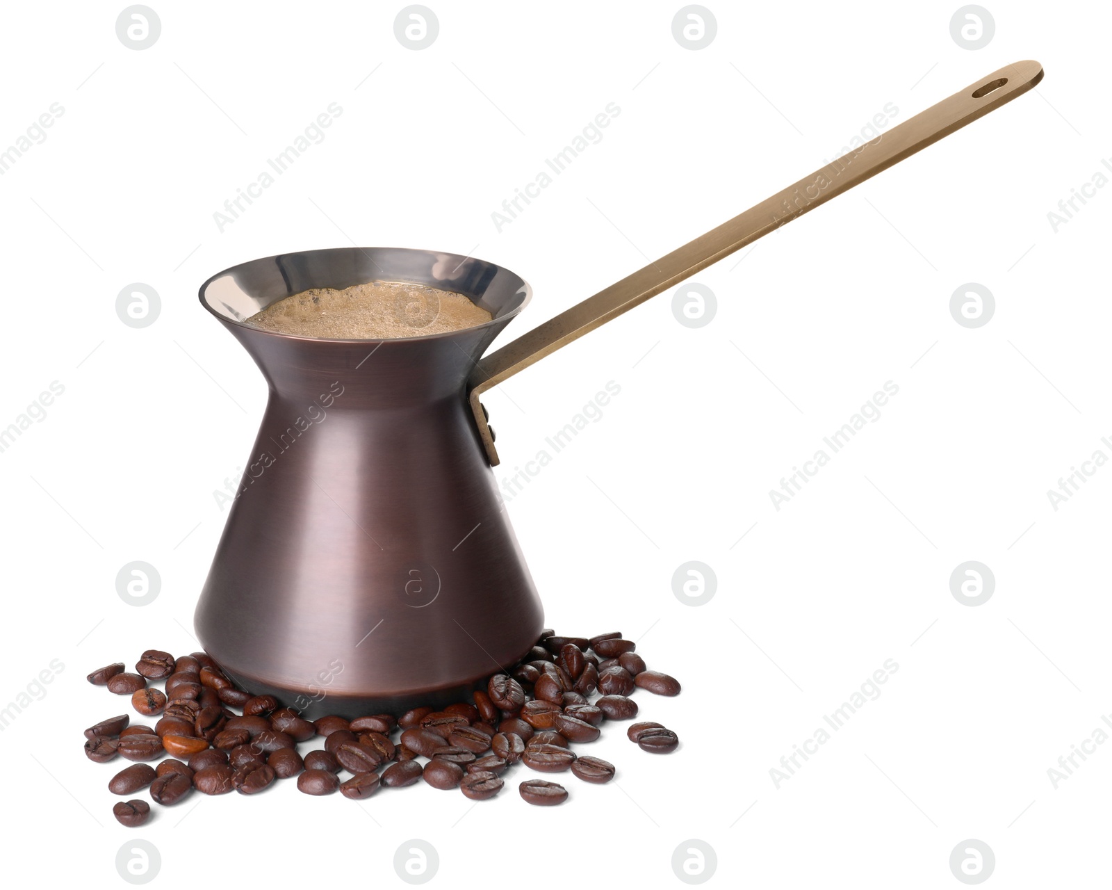 Photo of Hot turkish coffee pot and beans on white background