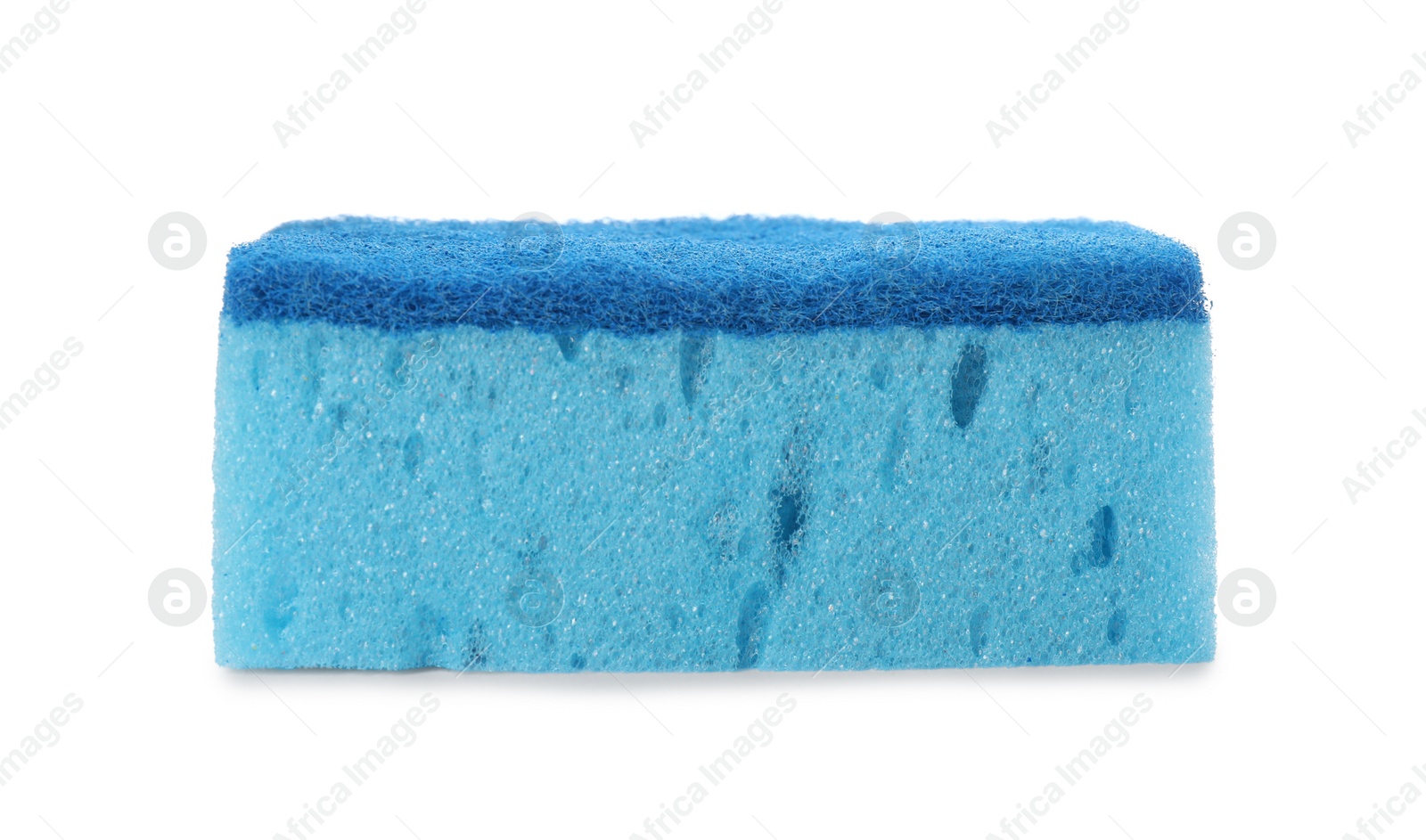 Photo of Light blue cleaning sponge with abrasive scourer isolated on white