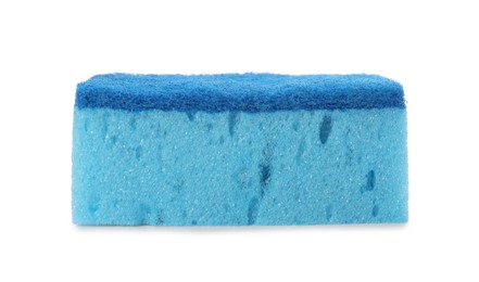 Light blue cleaning sponge with abrasive scourer isolated on white