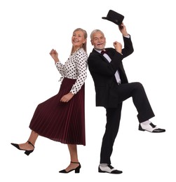 Senior couple dancing together on white background