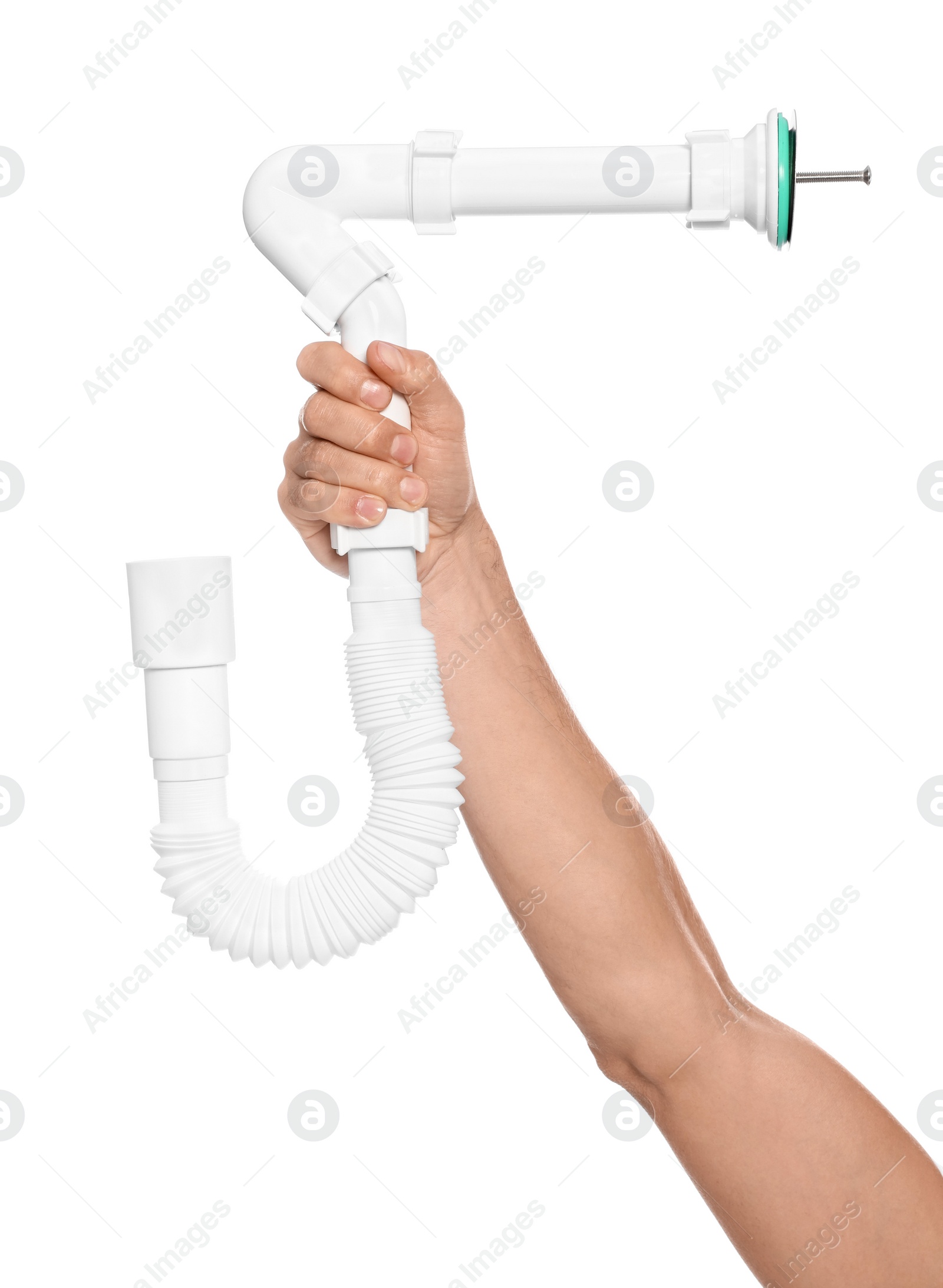 Photo of Male plumber holding corrugated pipe on white background, closeup