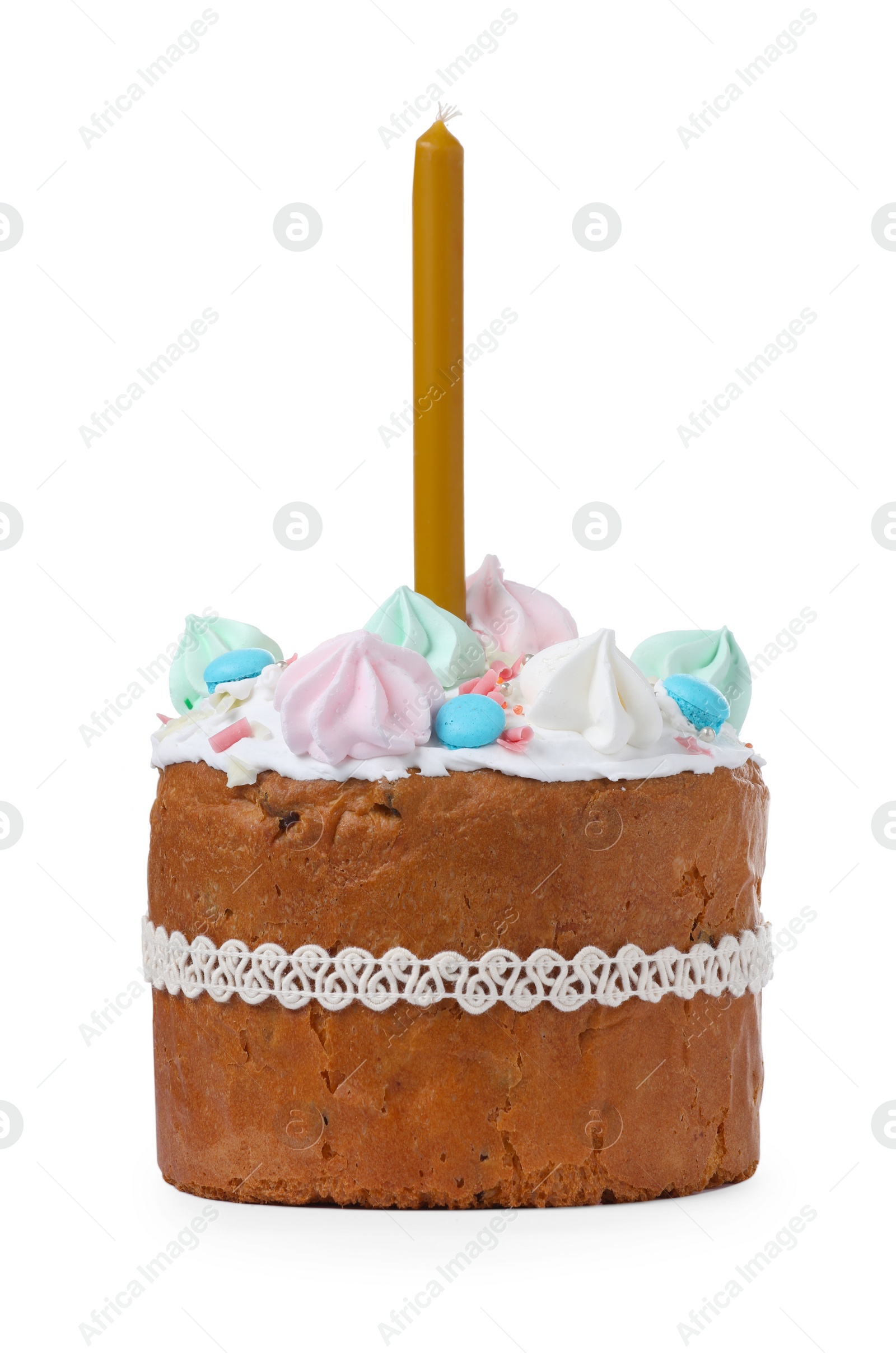 Photo of Traditional Easter cake with meringues and candle on white background