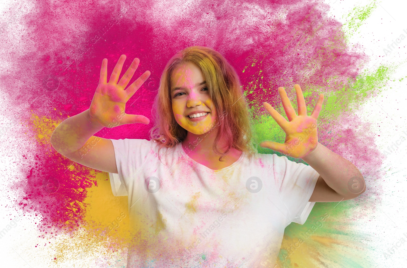 Image of Holi festival celebration. Happy teen girl covered with colorful powder dyes on white background