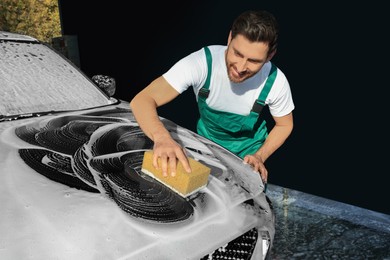 Worker washing auto with sponge at outdoor car wash