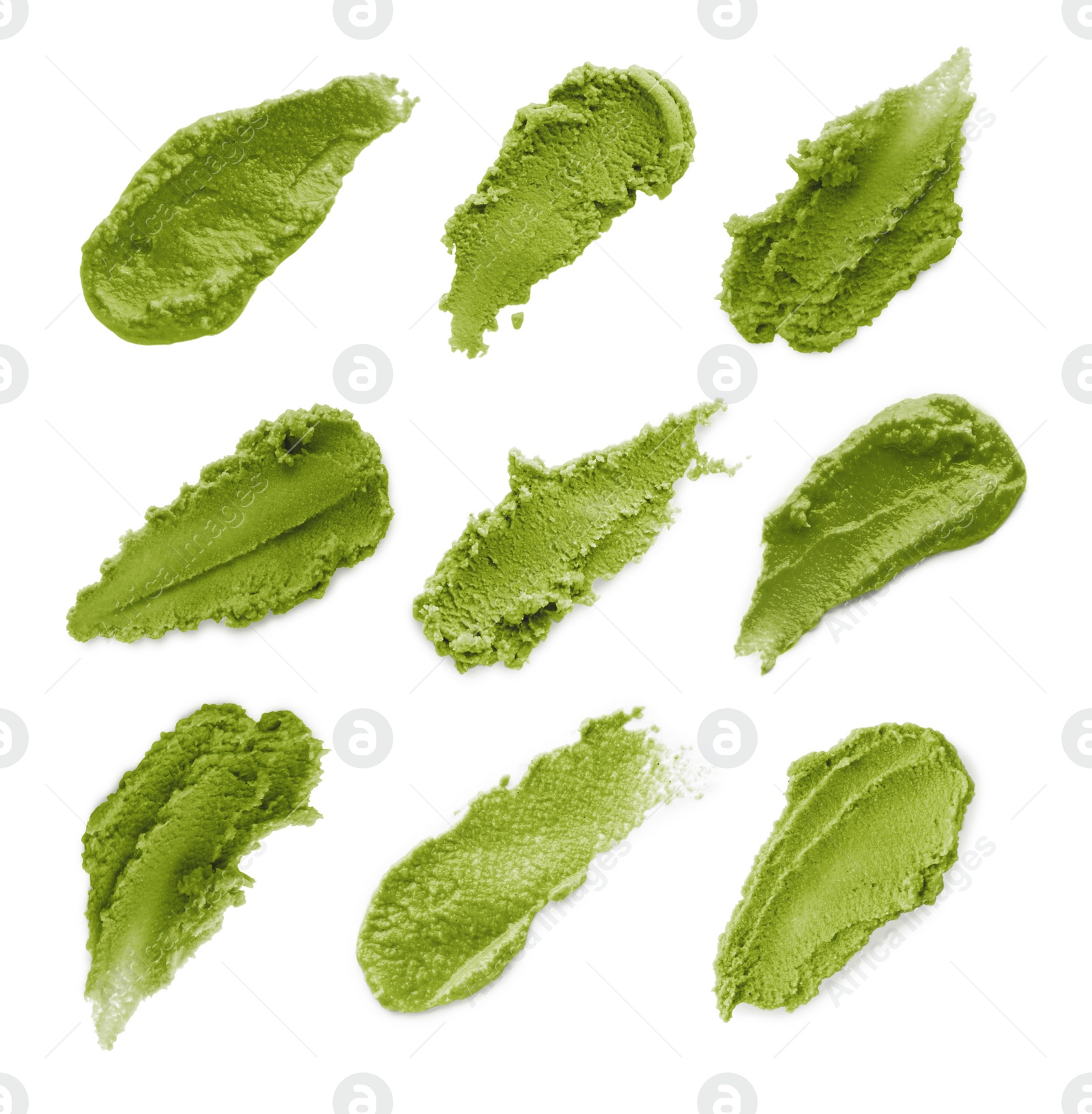 Image of Set with spicy wasabi paste on white background, top view