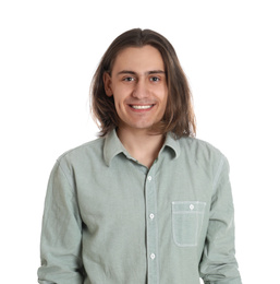 Portrait of happy young man on white background