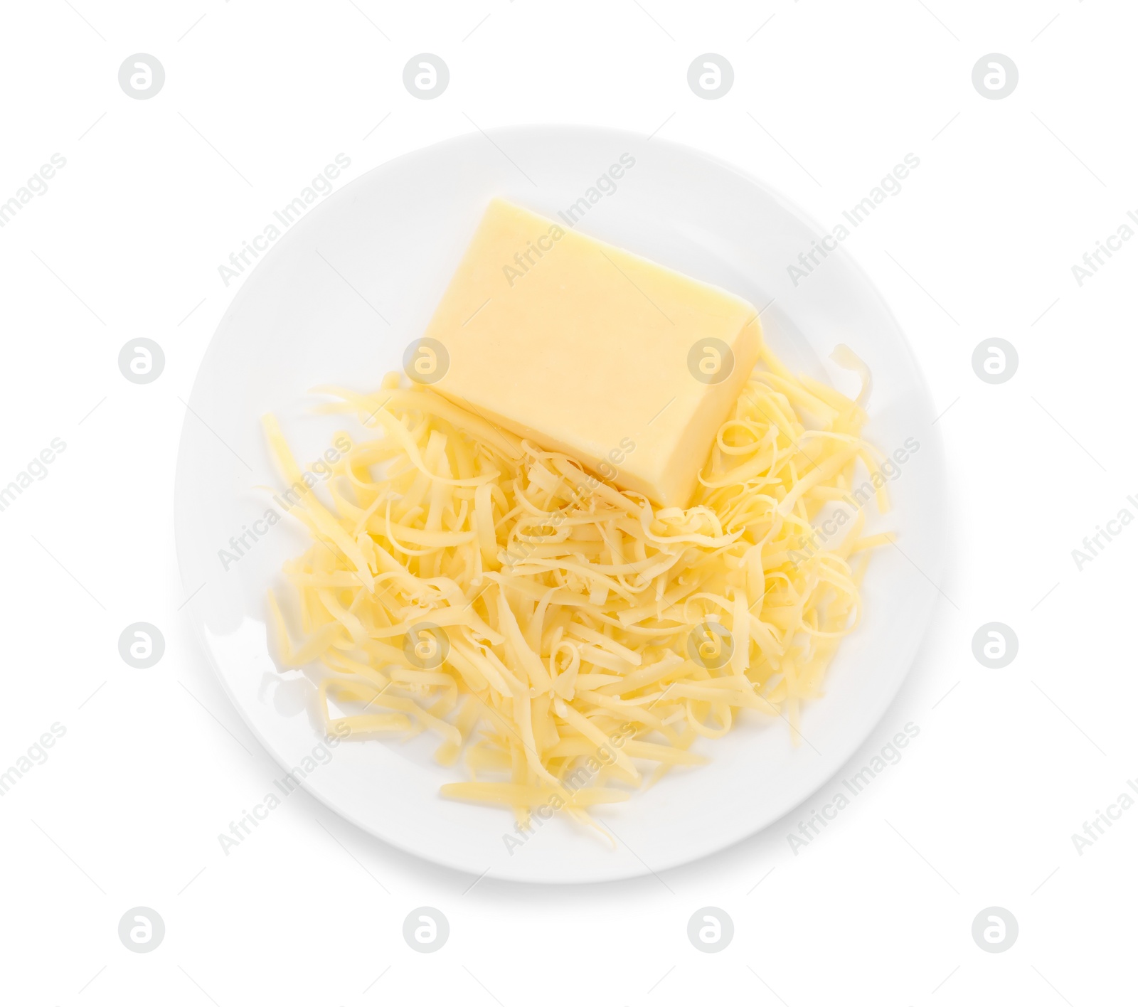 Photo of Grated cheese and piece of one isolated on white, top view