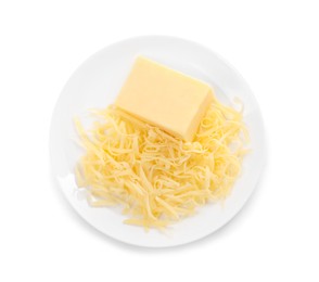 Grated cheese and piece of one isolated on white, top view