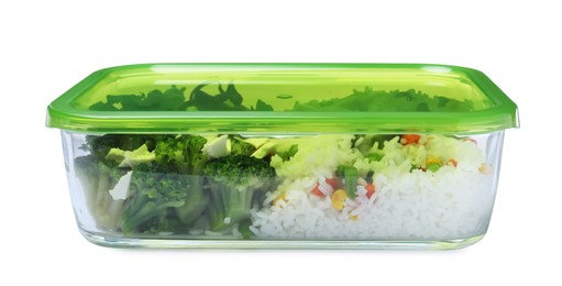 Photo of Tasty rice with vegetables in glass container isolated on white