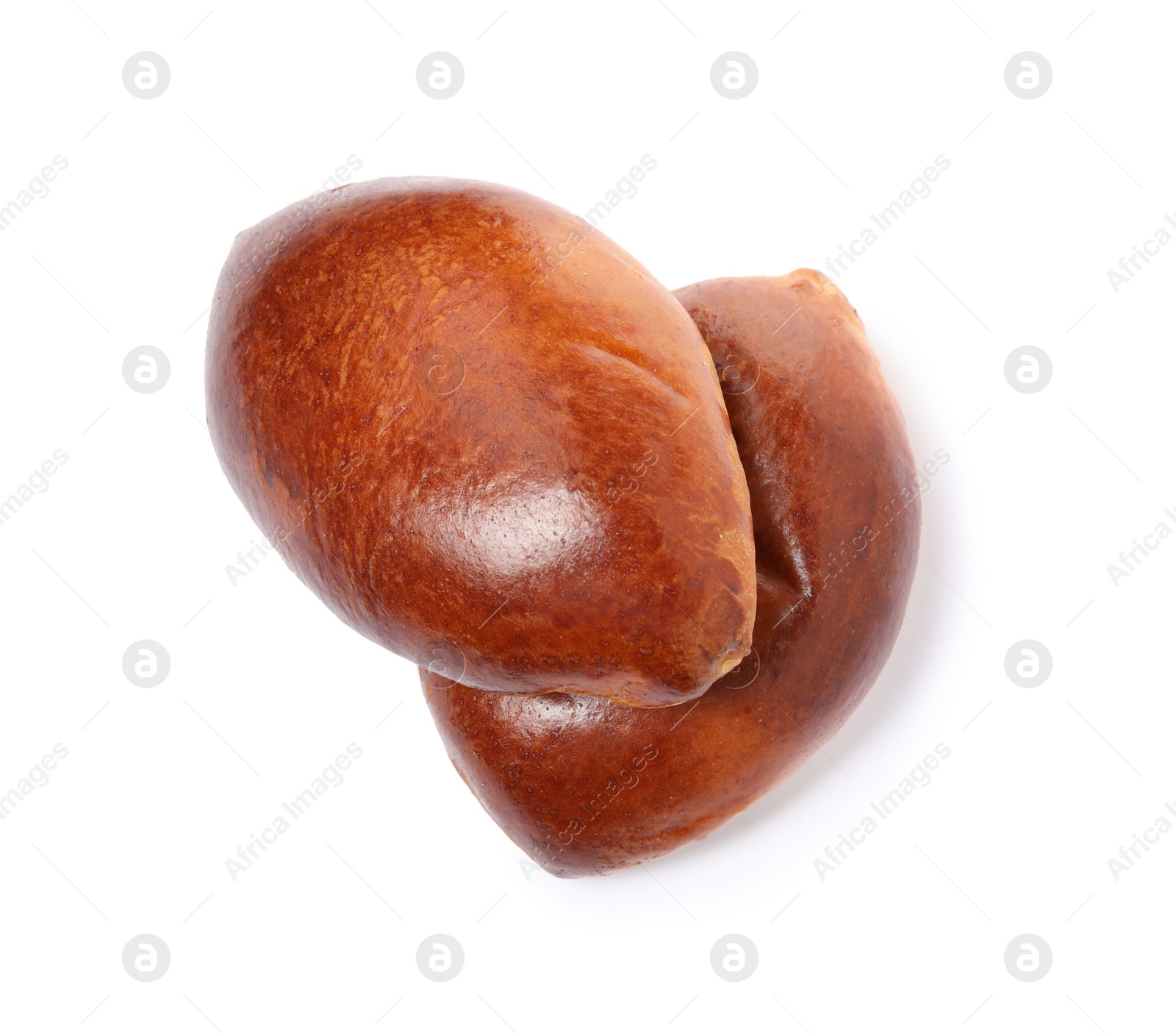 Photo of Delicious baked pirozhki on white background, top view