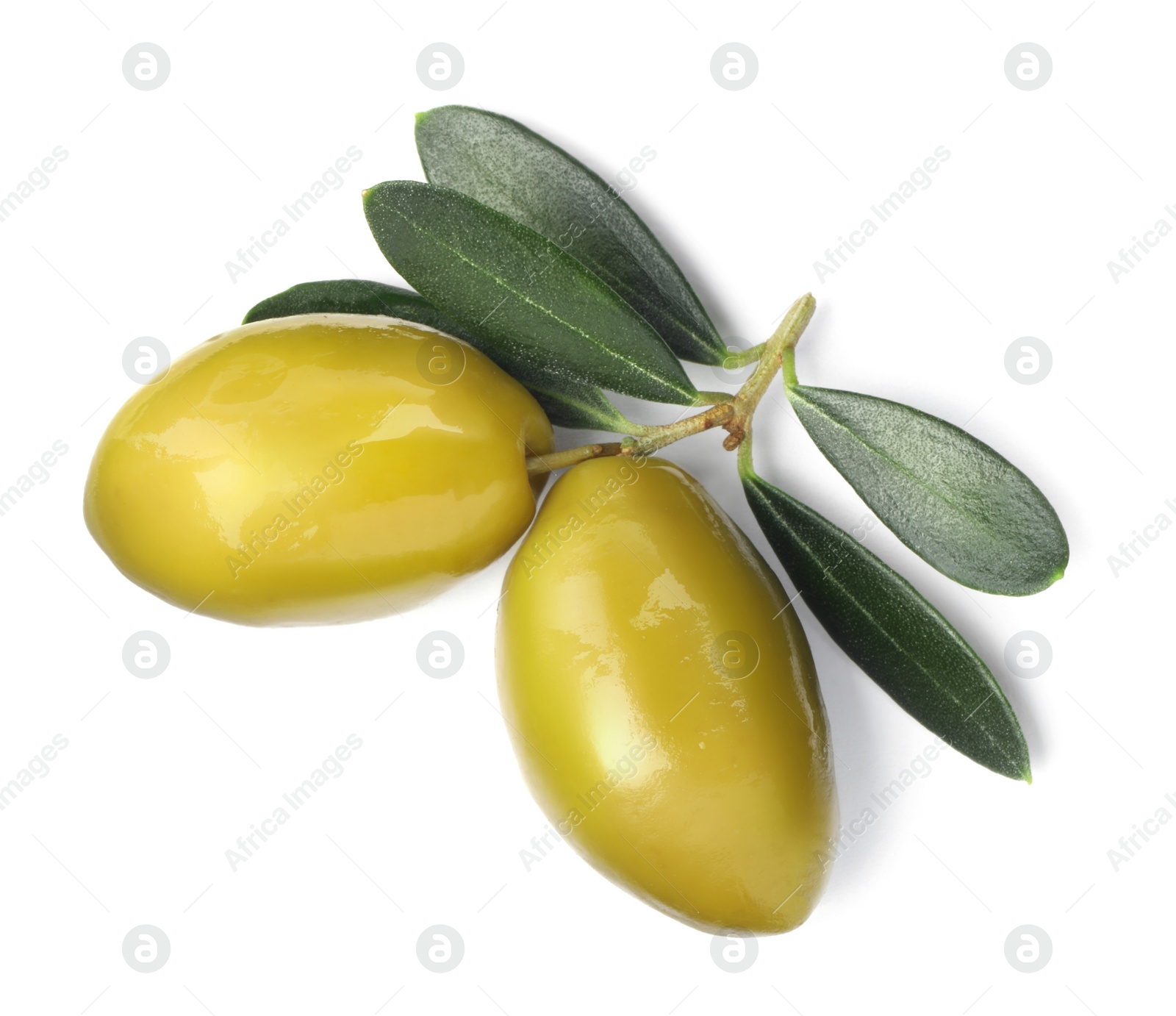 Photo of Olives with green leaves on white background, top view