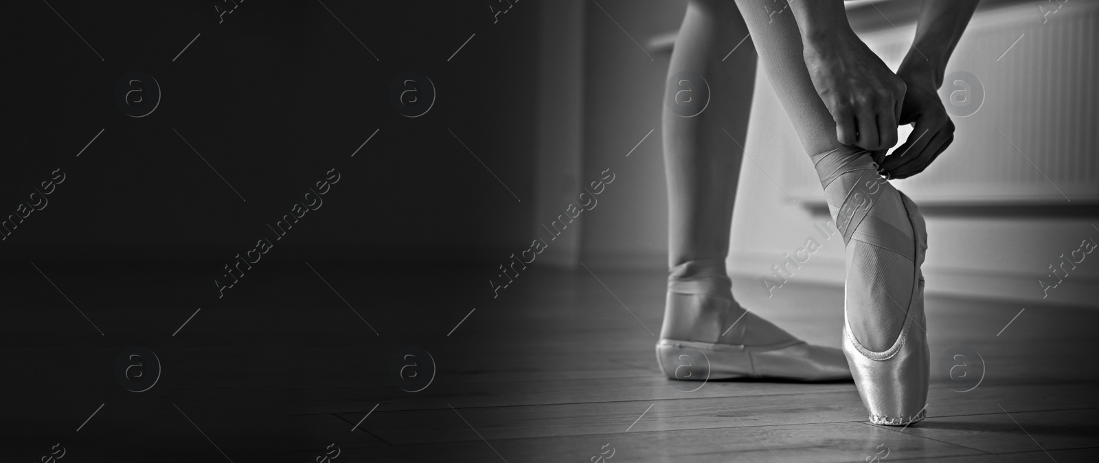 Image of Ballerina tying pointe shoes in dance studio, closeup. Black and white effect. Banner design with space for text