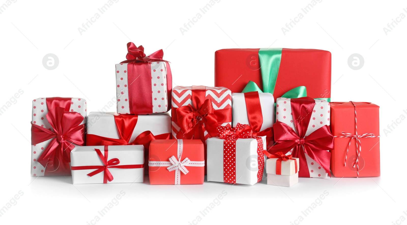 Photo of Beautifully wrapped gift boxes on white background