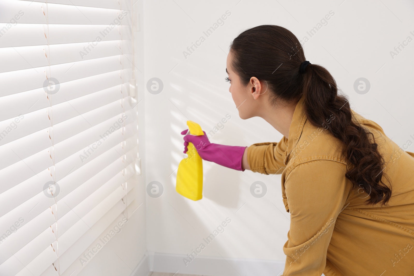 Photo of Woman in rubber glove with spray bottle near wall indoors